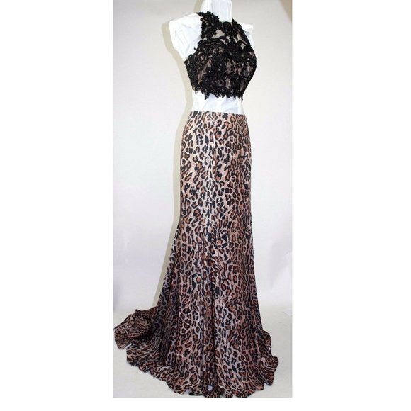 NEW Women's Formal Embroidery Leopard Print 2 PCE Long Evening Gown prom dress - Picture 4 of 6